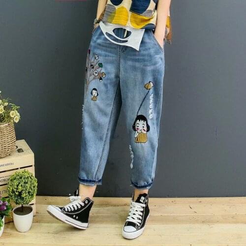 QPFJQD National Wind Women Cute Cartoon Embroidery Jeans Hole Elastic Waist Harem Denim Pants Casual Loose Water Washed Trousers