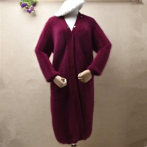 Female women fashion hairy plush mink cashmere knitted long sweater v-neck loose winter cardigans angora fur jacket coat pull