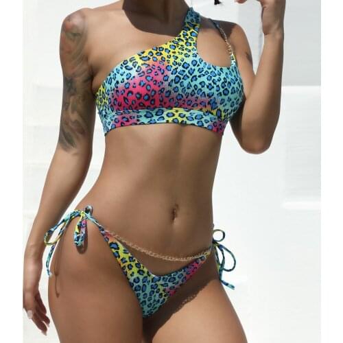Bikini 2021 Summer Sexy Slanted Leopard Print Split Swimsuit Bikini With Chain Women Push Up Bikini Beachwear