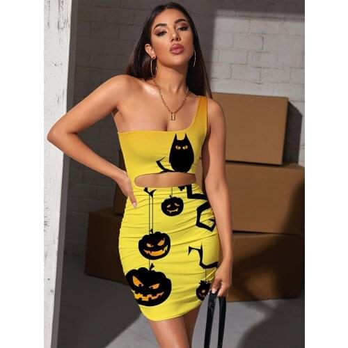 Giyu Brand Pumpkin Dresses Women Halloween Halter Sleeveless Bat Hollow out Dresses Moon Pleating Womens Clothing Plus Size