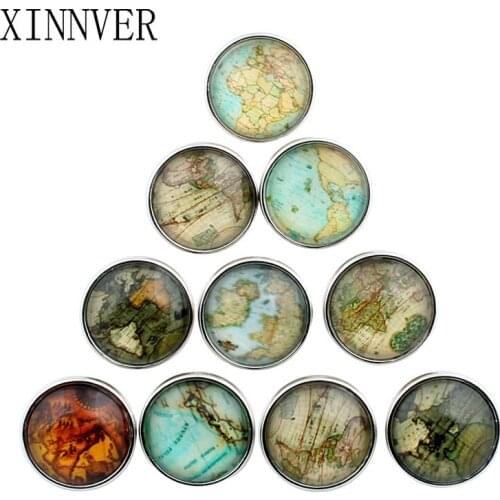 10pcs/lot Mixed Colors World Map 18mm Glass Snap Button Jewelry Faceted Glass Snap Fit Snap Bracelet Snaps Jewelry ZB330