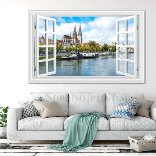Mediterranean Sea Houses Wharf Yacht Scenery 3D Wall Design Art Painting Home Living Room Decor Canvas Posters Pictures Prints