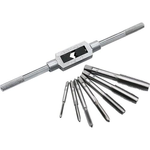 8pcs Thread Metric Machine Wrench Hand Screw Thread Plug Taps Set M3 M4 M5 M6 M8 M10 M12 with Adjustable Tap Wrench