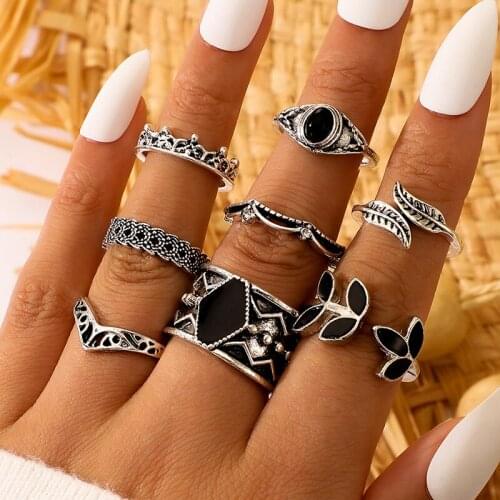 8 pcs Leaf Shape Vintage Ring Punk Silver Color Knuckle Midi Finger Rings Set Women Bohemia Hollow Ring Banquet Jewelry Gift