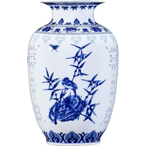 Antique Bird Bamboo Relief pattern Chinaware Flower Vase Blue and White