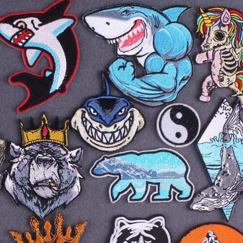 DIY Iron On Patch Punk Animals Patches For Clothing Stripes Applique Shark Patch Embroidered Patches On Clothes Accessory Badges