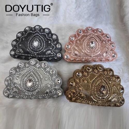 DOYUTIG Indian Design Womens Metal Diamond Wedding Clutches Lady Classical Handmade Shell Shape Evening Bag Fashion Purse F829