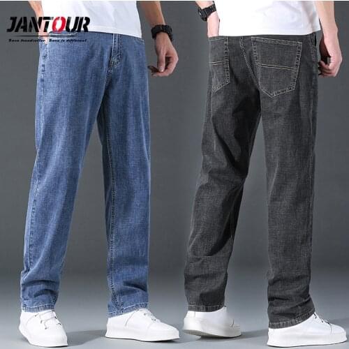 Jantour New Classic Mens Blue Jeans Advanced Stretch Loose Straight Cotton Denim Trousers Male Brand Pants Plus Size 40 42 44