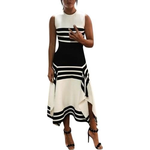Elegant High Waist Sleeveless Long Women Dress Formal Stripe Print Midi Party Dresses Sheath Mid Calf Offical Ladies Vestido