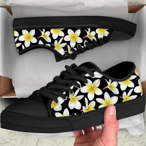 ELVISWORDS Yellow Plumeria Hawaiian Flowers Fashion Women Low Style Vulcanized Sneakers Shoes Woman Breathable Walking Footwear
