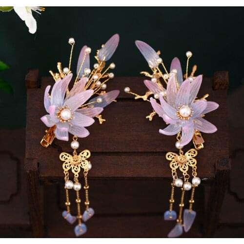 FORSEVEN Ancient Chinese Hairpins Women Girls Hanfu Dress Headwear Long Tassel Step Shake Flower Pearls Hair Clips Jewelry