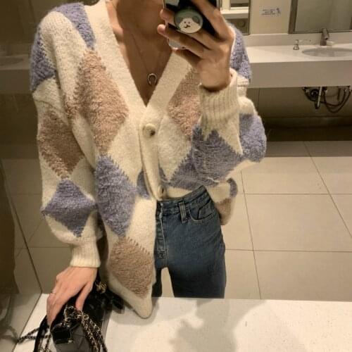 Women Autumn Winter Argyle Sexy V Neck Long Sleeve Long Sweater Knitted Cardigan Coat Loose Plus Size Out Wear Jacket