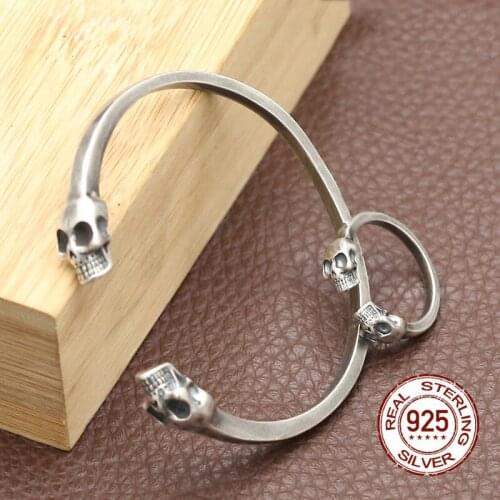100% Real 925 sterling silver bangle rings Punk Rock Skull african indian dubai fine jewelry Set of Ring and Bracelet Bangle