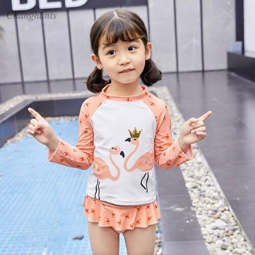 1-7 Y Girls Two Piece Swimwear Kids Swimsuit Children Long Sleeve Rash Guard with Orange White Flamingo Print Surfing Suit