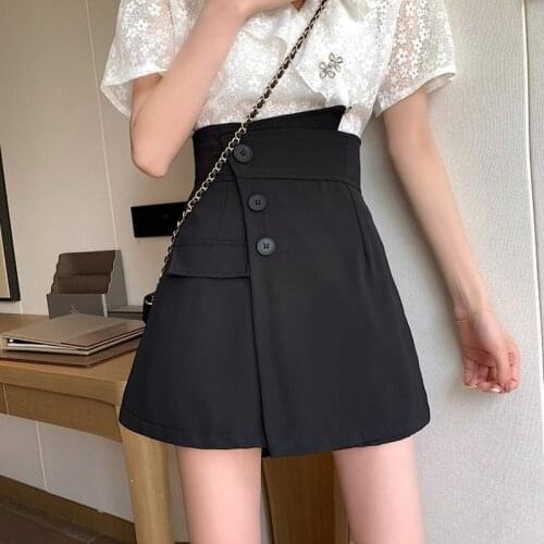 Summer High Waist Thin A-Line Short Skirts Solid Lady Irregular Design Sense Hakama Skirt Womens Button Black Mini Skirt Small
