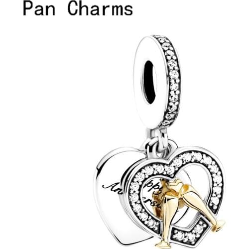 Hot Sale 925 Silver Color Two-tone Happy Anniversary Dangle Charm Beads Fit Original Pandora Bracelet Necklace Fashion Jewelry