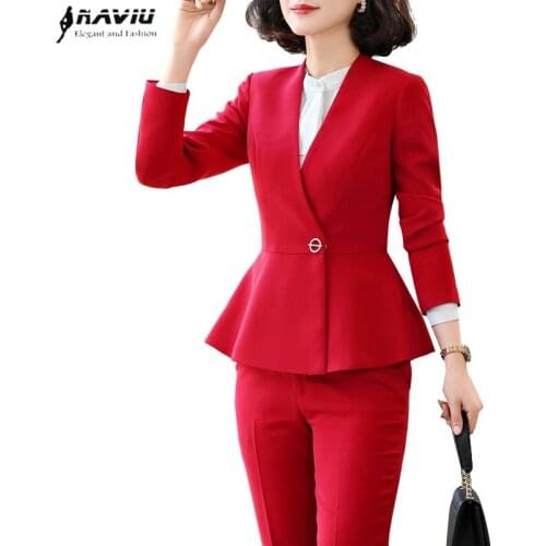 Fashion Long Sleeve Professional Pants Suit New Red Business Slim Blazer and Trousers Office Ladies Formal Interview Work Wear