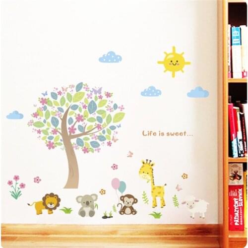 Lovely Animals Colourful Tree Wall Stickers For Kindergarten Kids Room Home Decoration Cartoon Monkey Elephant Mural Art Decal