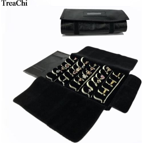 New Fashion Foldable Jewelry Storage Case Black Leatherette Ring Holder Ring Jewelry Oraganizer Travel Roll Bag 24*13cm
