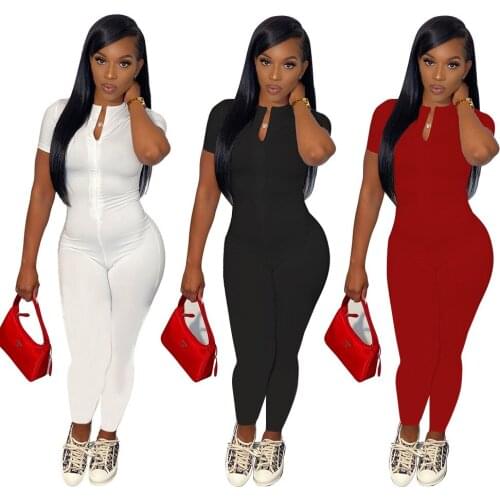 Casual Sportswear Short Sleeve Bodycon Jumpsuit Women 2021 Sexy Zipper V Neck Pencil Pants Slim Body Romper Overalls Clothing