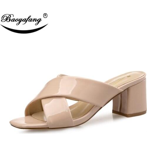 BaoYaFang 2018 New Summer Sandals Patent Leather Ladies Fashion Sandals Thick heel shoes Shallow female Summer shoes woman