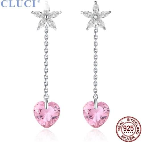 CLUCI Silver 925 Romantic Pink Earrings Gift Jewelry for Women Valentine Heart Zircon Drop Earrings DE010SB