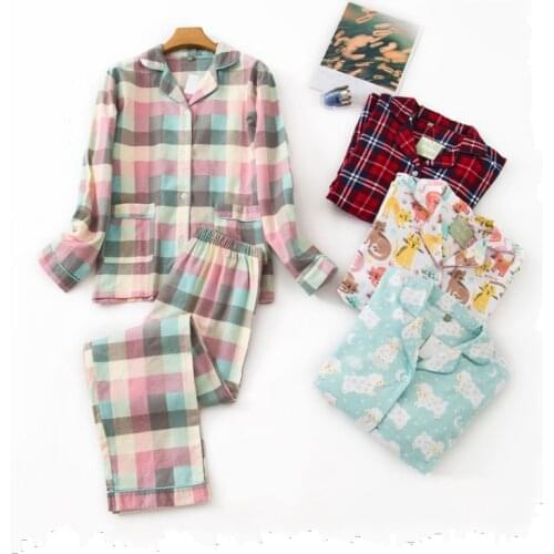Spring Autumn Women Casual Cartoon Pajama sets Female 100% Brushed Cotton Sleepwear suit Ladies Turn-down collar shirt & Pants