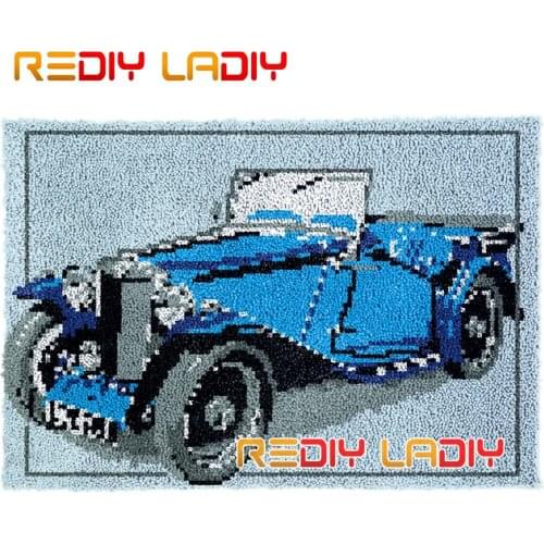 Latch Hook Rug Blue Vintage Car Plush Wall Hanging DIY Carpet Rug Chunky Yarn Arts Cushion Crocheted Floor Mat Hobby & Crafts