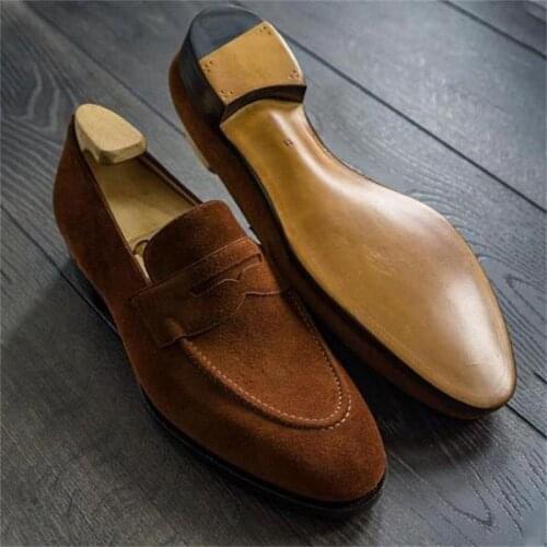 New Men Fashion Trend Business Dress Shoes Handmade Yellow-brown Faux Suede Round Head Low-heeled Face Mask Set on Loafers ZZ390