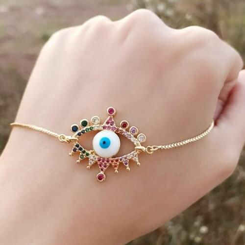 Turkish Evil Eye Charm Bracelet Pusera Color Rainbow Eye Bead Ziron Pendant Bohe Bileklik Gold Chain Jewelry Womens Bracelets
