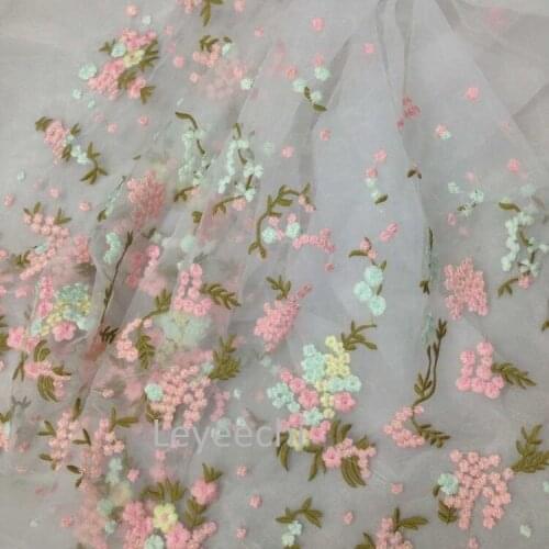 Top grade 150*91cm organza fabric with colorful floral embroidery fashion Wedding Dress Tulle Skirt Material Free Shipping