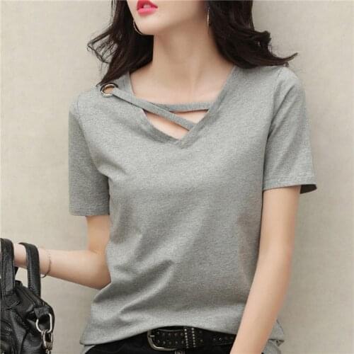 2021 New Women Summer Short Sleeve T-shirt Ladies Bandage V Neck Loose Top Casual Solid Color T Shirt