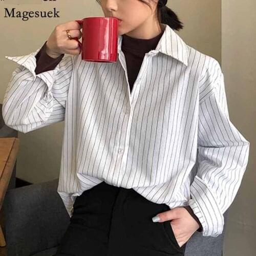 Oversize Fashion Women Striped Shirt Winter Long Sleeve Casual Loose Shirts Female Streetwear Blouse 2020 Autumn Clothing 11097