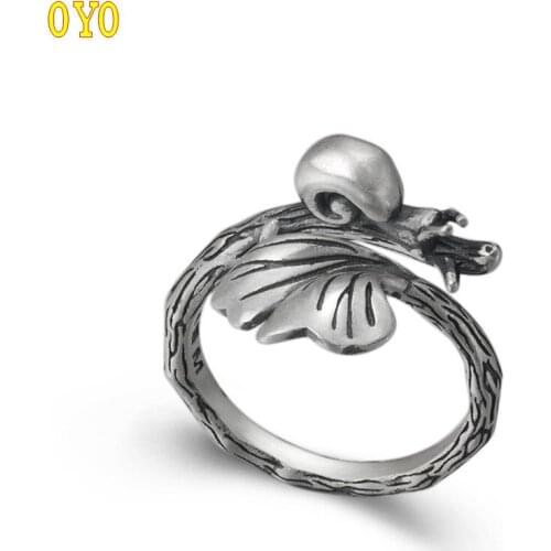 100%990 pure silver fashion jewelry retro creative exquisite ginkgo leaf and snail female open ring
