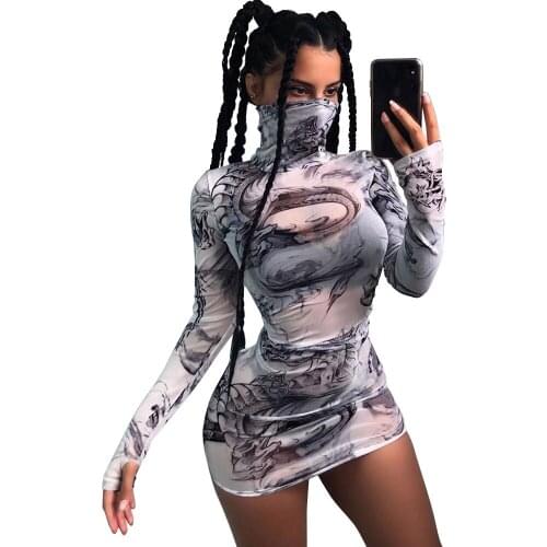 Dragon Print See Through Dress Women Turtleneck Long Sleeve Casual Basic Stretch Slim Mesh Dress 2020 Harajuku Leisure Dress