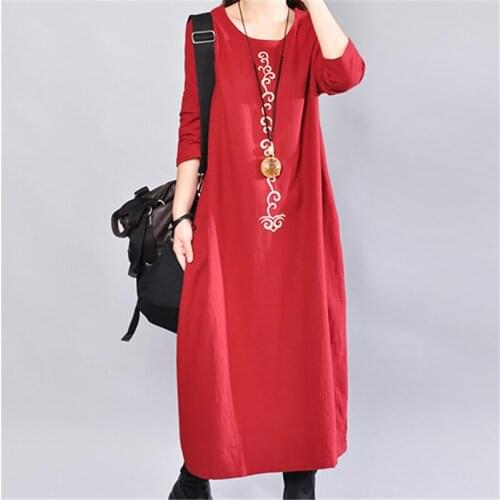 2020 Spring Autumn Vintage Embroidery Dress Women Casual Long Plus Size Female Clothing Retro Long Sleeve Cotton-Line Dresses
