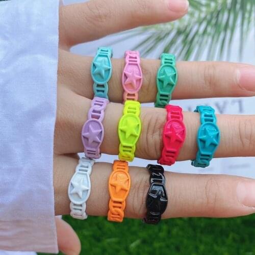 10PCS, Enamel Star Rings For Women Colorful Metal Chain Geometric Ring Summer Party Jewelry