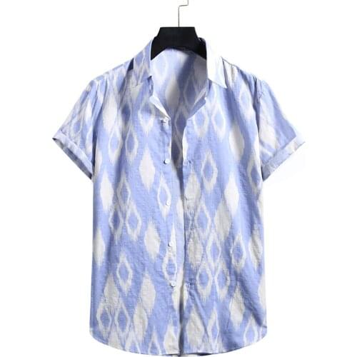 67# Mens Fashion Cotton Linen Print Short Sleeve Button Shirt Blouse Top Newest Male Summer Beach Casual Handsome Men Shirt