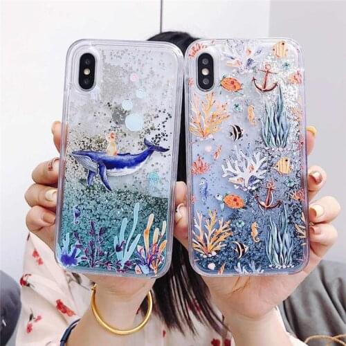 For iPhone 11 Pro Max 11Pro XS Max XR X 7 8 Plus 6 6s + Case Quicksand Glitter Coral Ocean Shockproof Transparent Cover Funda