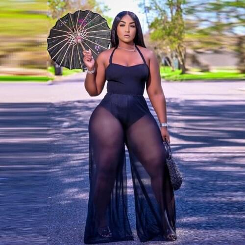 Womens Halter Jumpsuit Sexy Backless Solid Color One Piece Romper Push Size See Through Mesh Wide Leg Pants Jumpsuit OL Suit