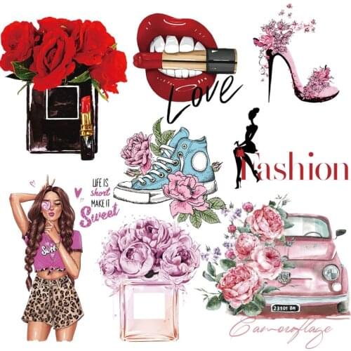 Fashion Heat Transfer Shoe Perfume Women Vinyl Sticker Iron On Transfer For Clothing Thermal Stickers On Clothes Stripe Applique