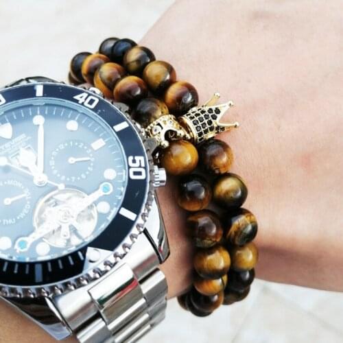 Natural tiger eye stone beads crown bracelet set men bracelets for women pulseras pulseira jewellery couple armband accessories