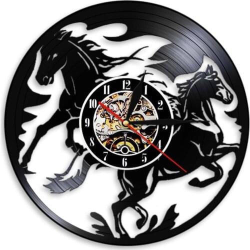 Black Horses Wall Clock Led Light Vinyl Record Wild Riding Stable Interior Decorative Animals Silent Mute Watch