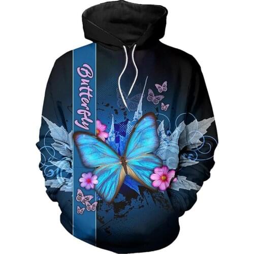 New mens and womens hoodie blue butterfly 3D full printing zipper hoodie autumn and winter fashion street casual sweatshirt