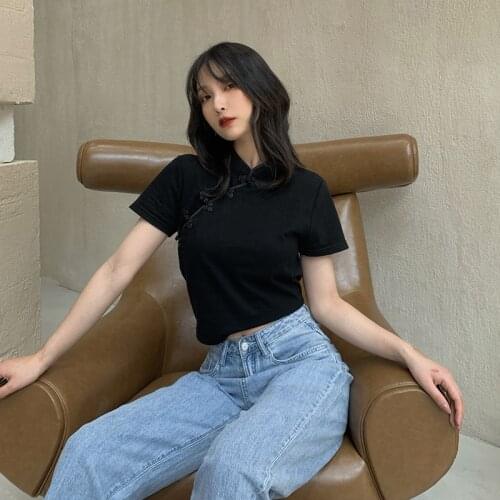 SUPERMILE*2020 New Arrival Women Plate Buttons Chinese Style Collar Short Sleeve T-shirt Elegant Slim Classical Fashion Style