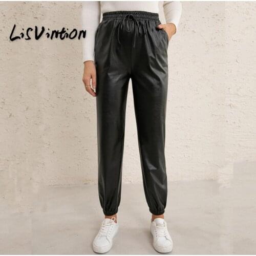 Autumn PU Leather Leggings Women Harem Casual Pants Drawstring Waist Streetwear Outdoor Trousers