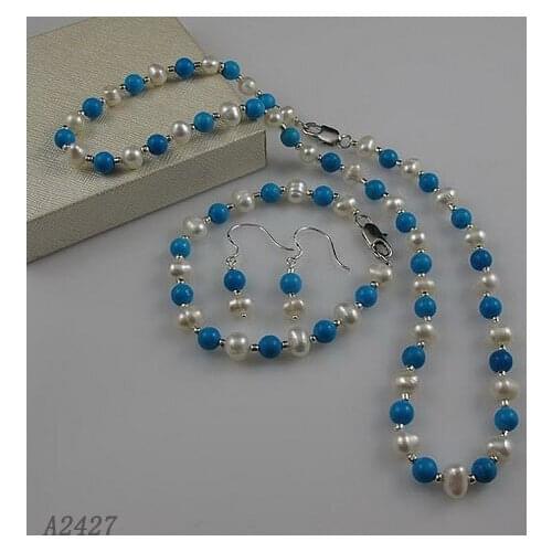 6-7mm Blue Turquoises Freshwater Cultured Choker Pearl Necklace For Girl Real Pearl Necklace Bracelet Earrings Jewelry Set