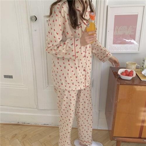 Fruit print 100% cotton pajamas set lapel collar long sleeve women suit elastic waist pants pijamas sleepwear spring autumn Y348