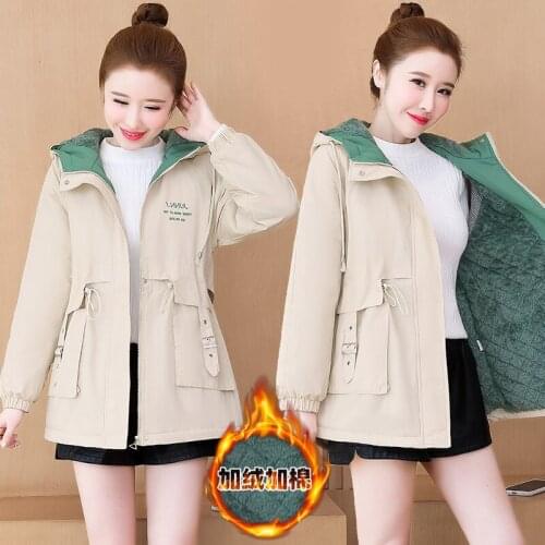Plush Thick Cotton Windbreaker Ladies Winter Korean Hooded Letter Zipper Long Sleeve Warm Trench Coat Women Padded Clothing Q372