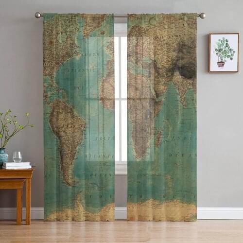 Retro Map Of The World Print Sheer Window Panel Curtains Room for Living Room Bedroom Kitchen Room Chiffon Tulle Curtains